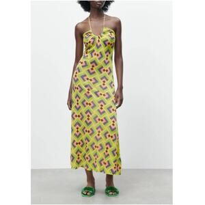 New ZARA Women's Green Print Spaghetti Straps Long Dress Size M